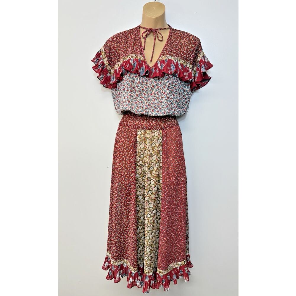 DIANE FREIS Georgette Vintage Festival Boho Country Patchwork Floral Dress M/L